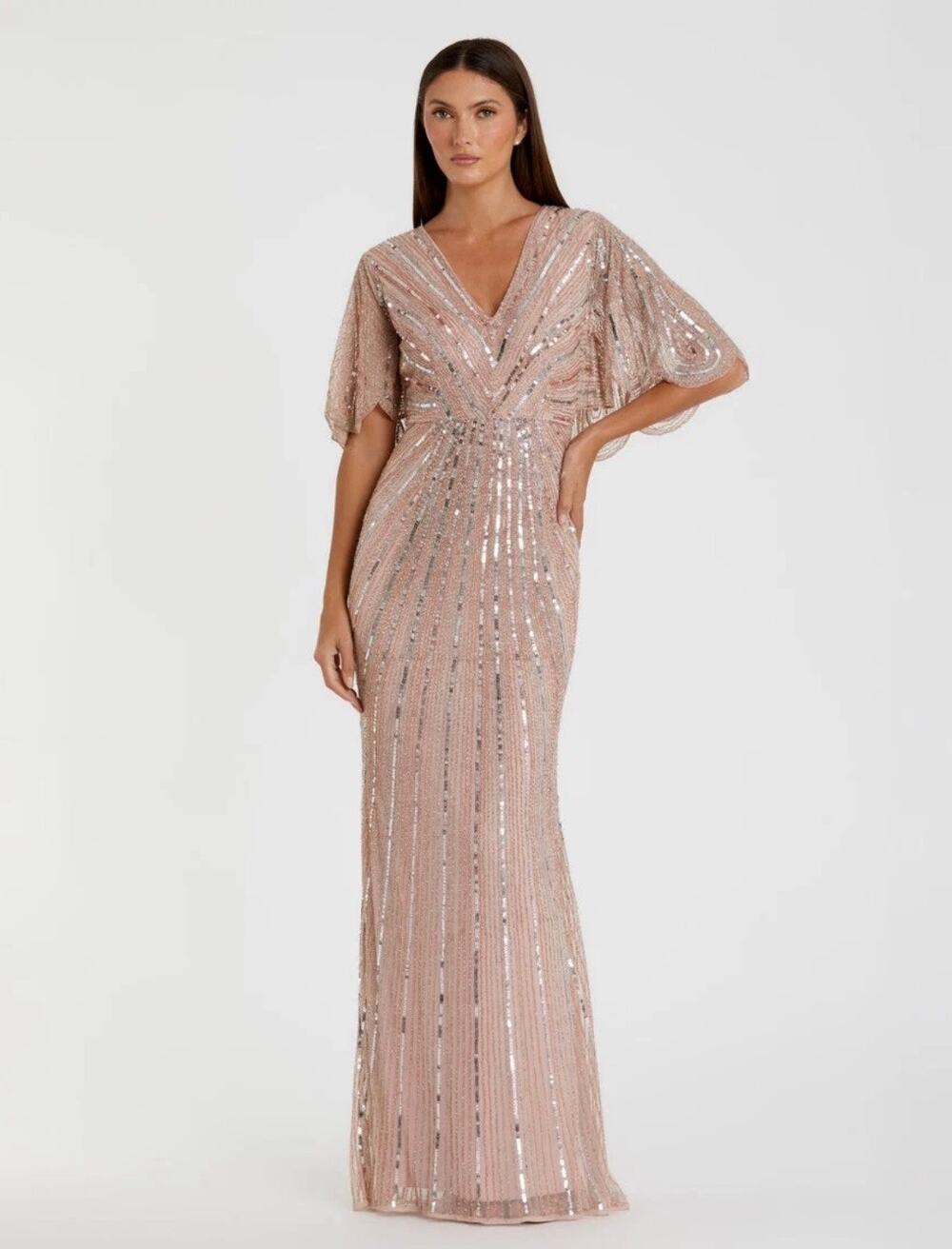 Mac Duggal 93583 Wide Cape Sleeve Sequin Gown Maxi Dress Size 20 Vintage Rose